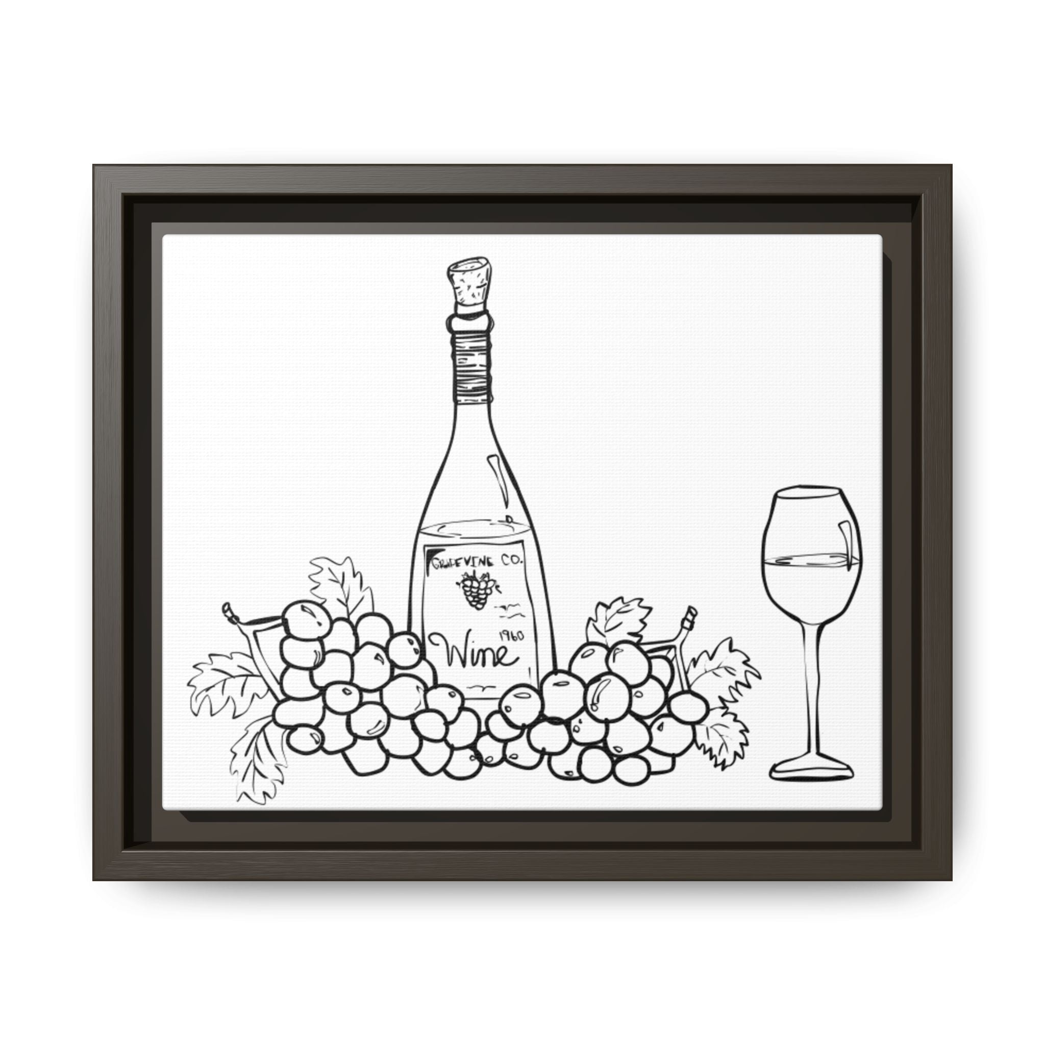Wine Bottle & Grapes Framed Canvas Art — Minimalist Kitchen Wall Decor