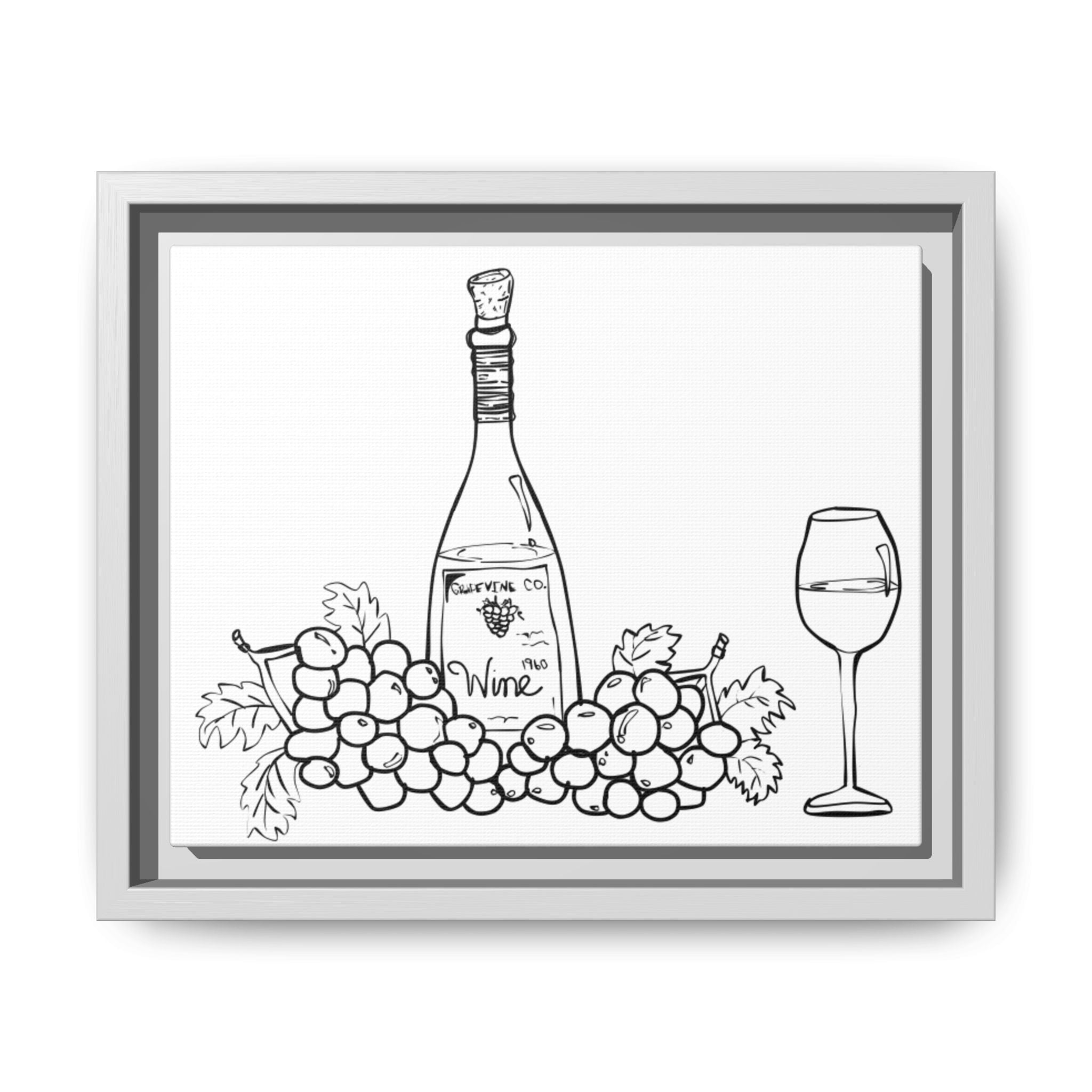 Wine Bottle & Grapes Framed Canvas Art — Minimalist Kitchen Wall Decor