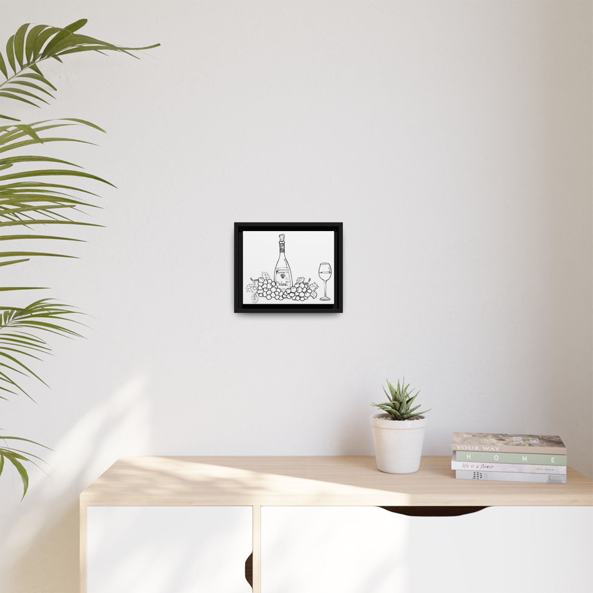 Wine Bottle & Grapes Framed Canvas Art — Minimalist Kitchen Wall Decor