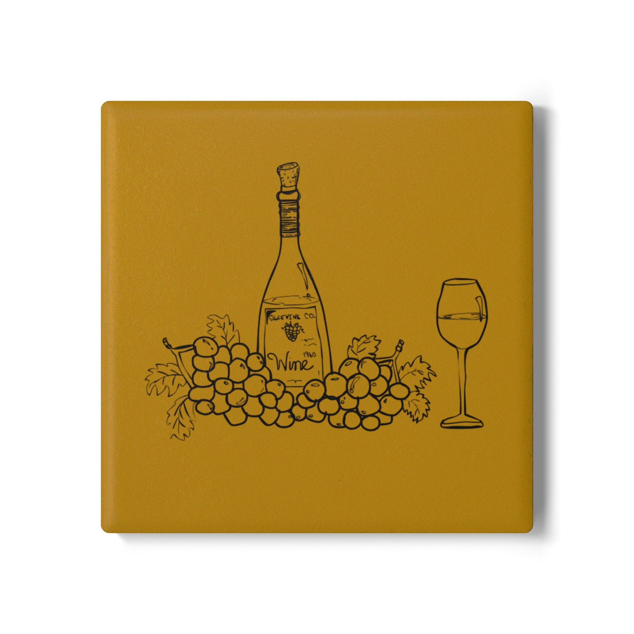 Wine Bottle & Grapes Ceramic Coaster — Vintage Vineyard Drink Coaster