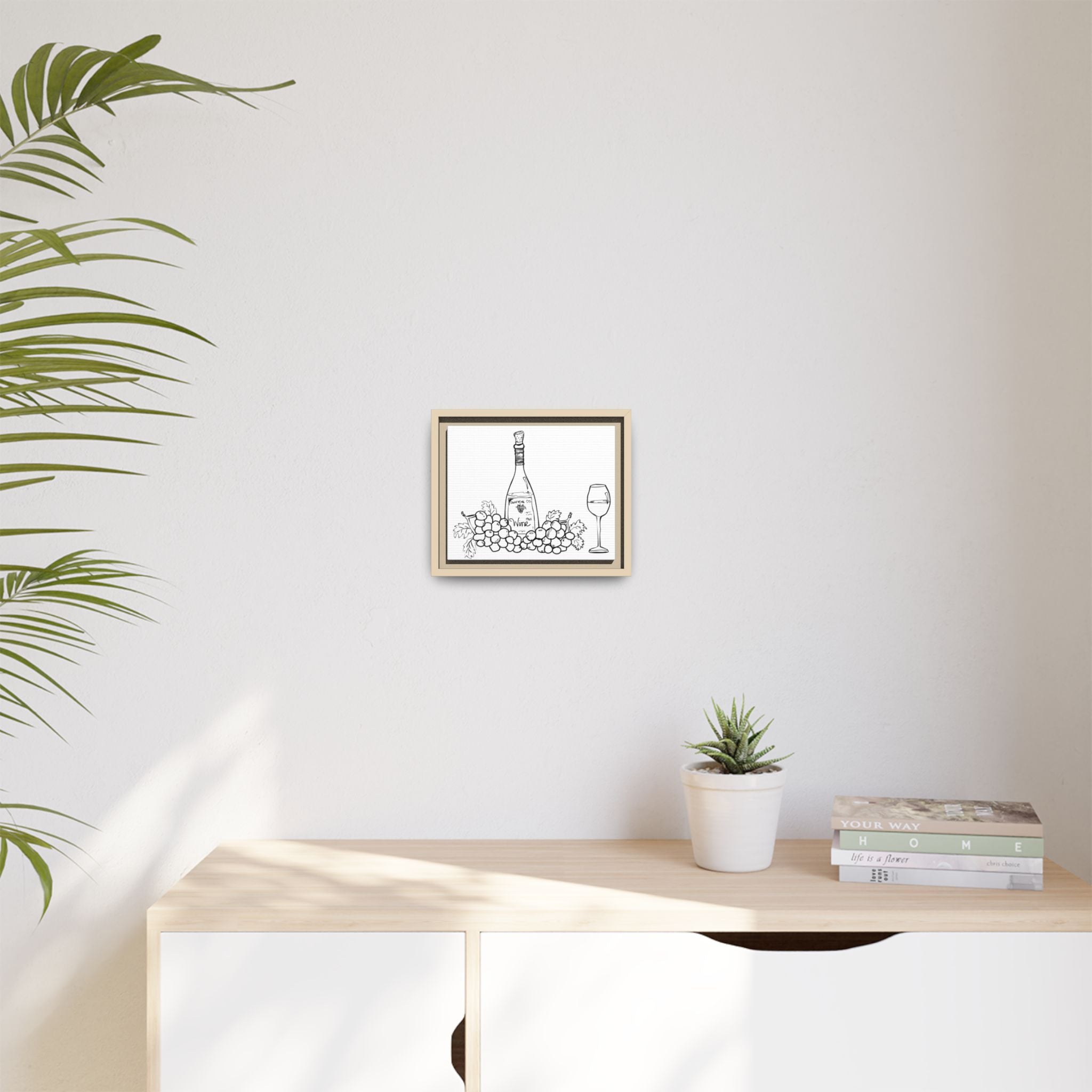 Wine Bottle & Grapes Framed Canvas Art — Minimalist Kitchen Wall Decor