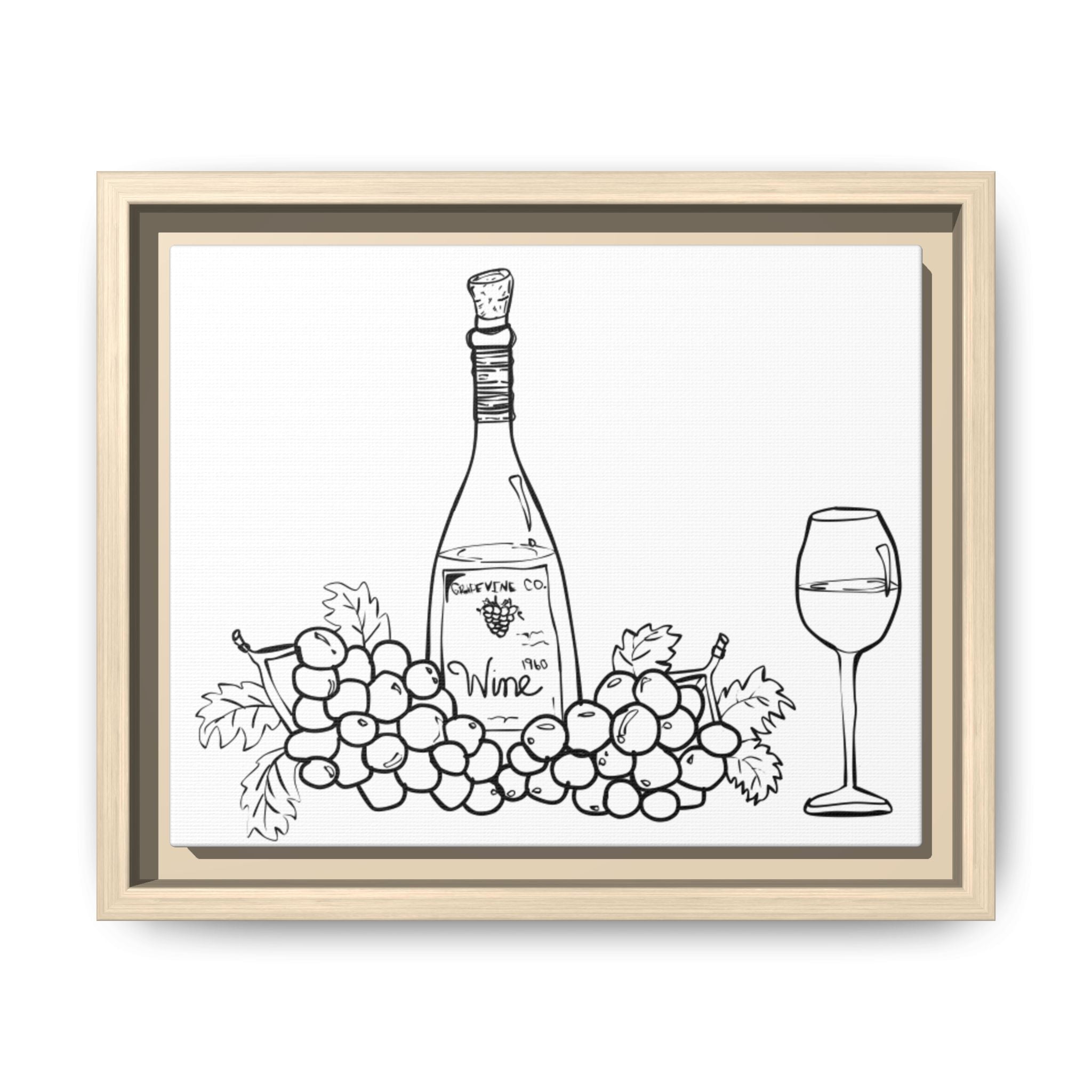 Wine Bottle & Grapes Framed Canvas Art — Minimalist Kitchen Wall Decor