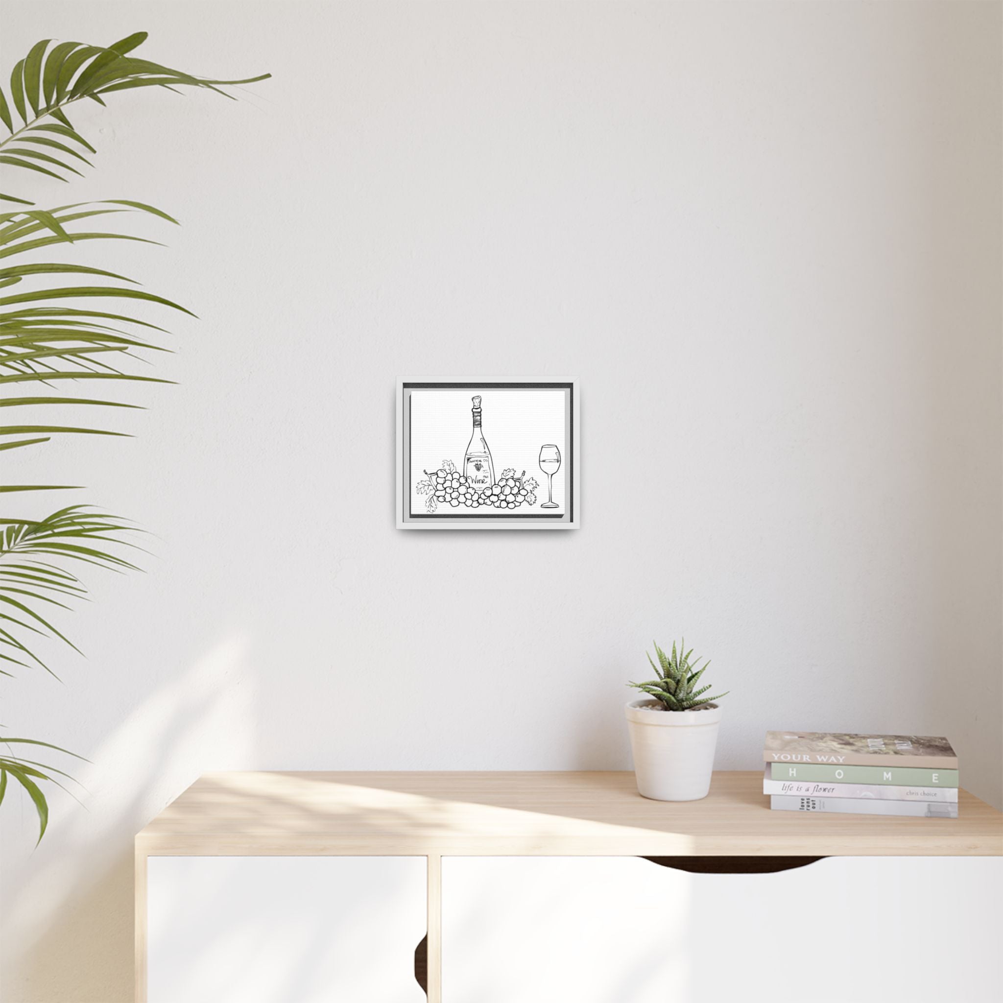 Wine Bottle & Grapes Framed Canvas Art — Minimalist Kitchen Wall Decor