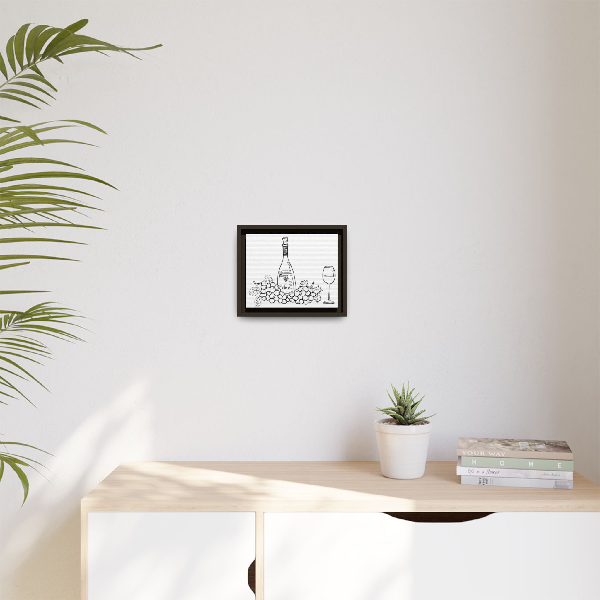 Wine Bottle & Grapes Framed Canvas Art — Minimalist Kitchen Wall Decor