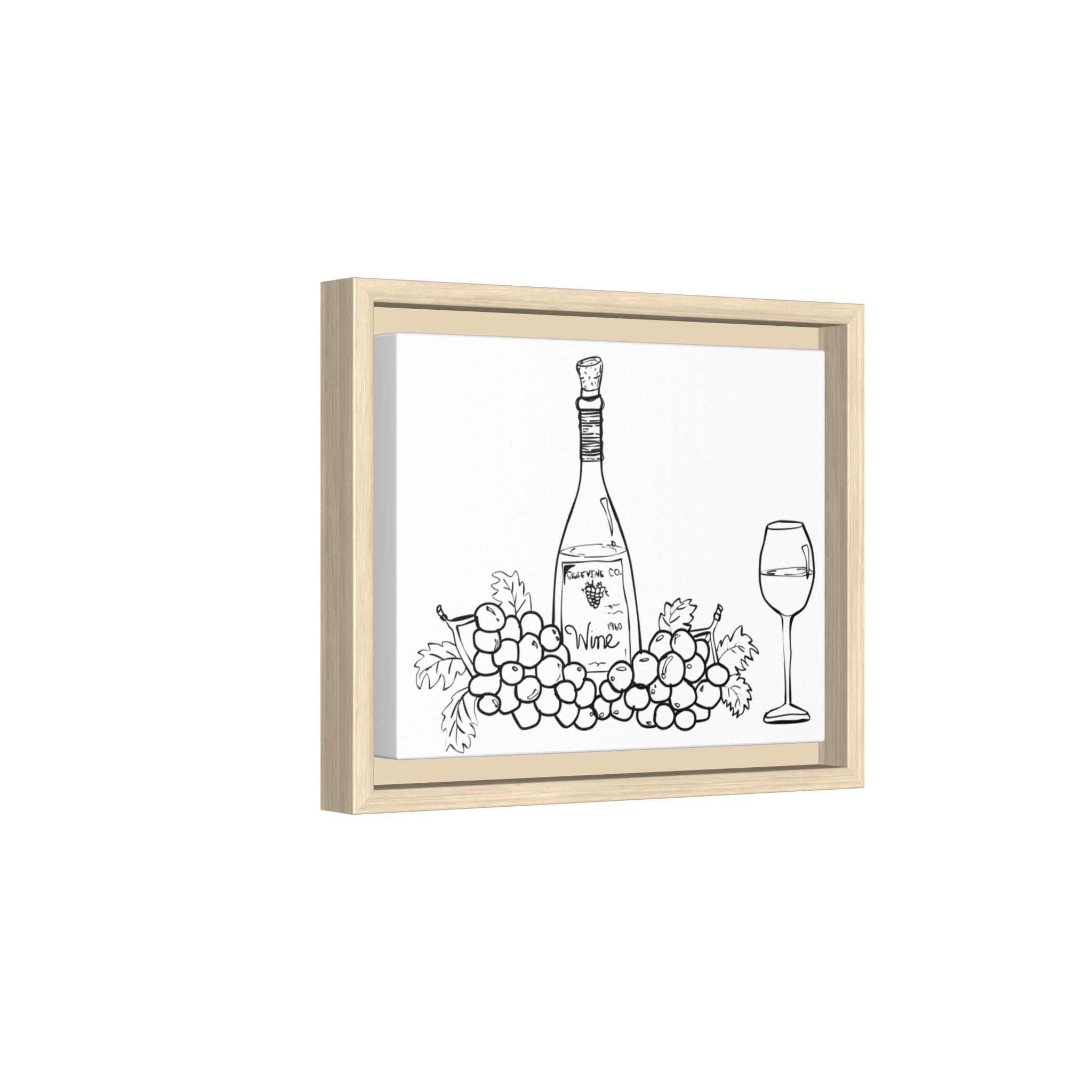 Wine Bottle & Grapes Framed Canvas Art — Minimalist Kitchen Wall Decor